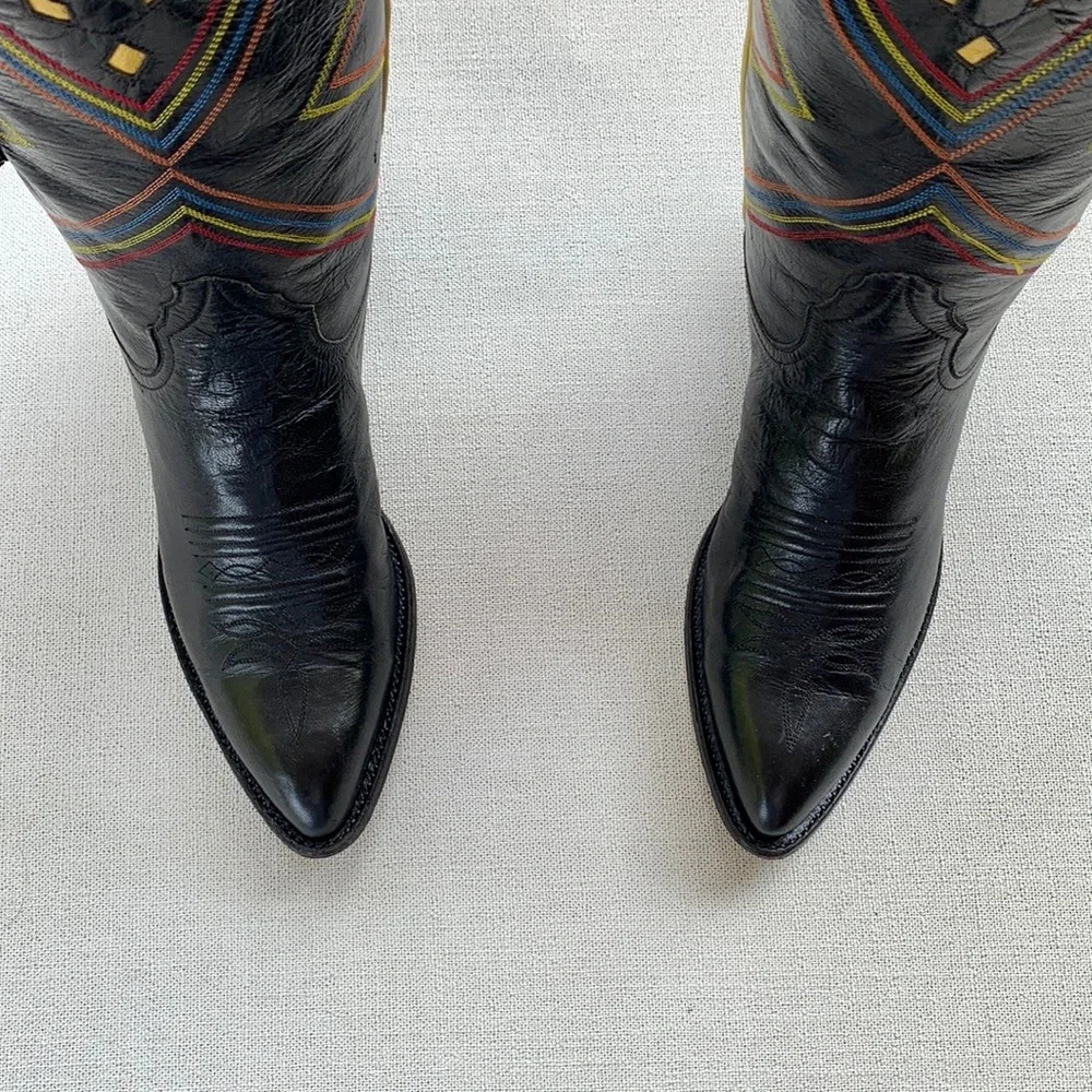 Larry Mahan Rare Vintage Aztec Beaded Fringe Black Leather Cowboy Western Boots - Picture 8 of 10